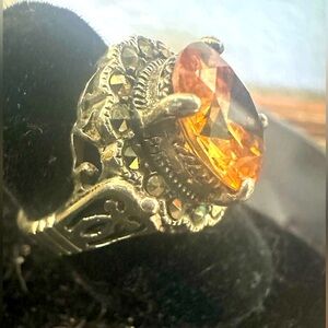 Vintage Sterling Silver 925 Ring with Peach Colored Stone Marcasite Accents